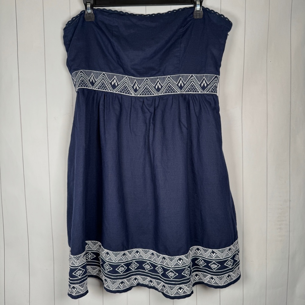 Emmelee Navy Blue Linen & Cotton Strapless Mini Dress Spring Summer Womens Large